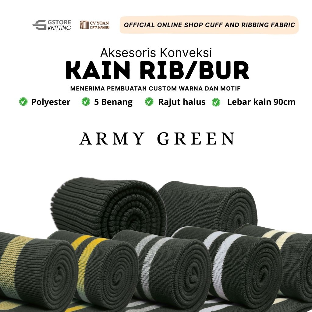 Kain rib bur army polyester premium rajut 1x1 dan 2x2 rib jaket