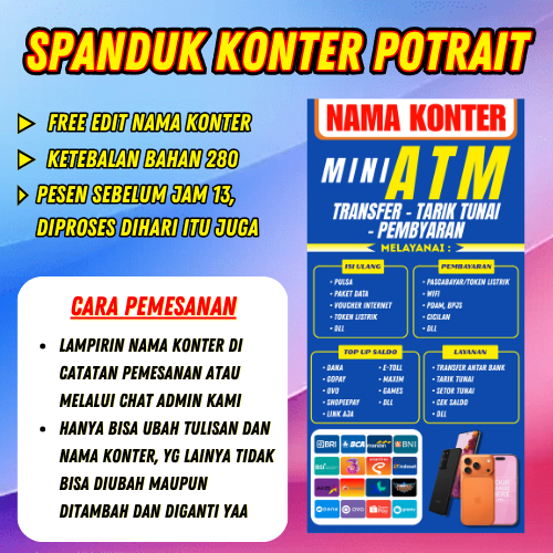 Banner Konter Pulsa Mini ATM Berdiri Potrait Request Nama 340 GSM