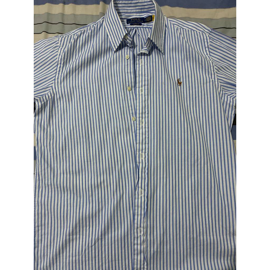 POLO Ralph Lauren Authentic Kemeja Linen Stripe Blue 3 colored pony size M Custom Fit