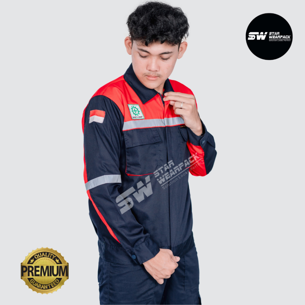 Seragam Kerja Lengan Panjang Warna Dongker Kombinasi Merah