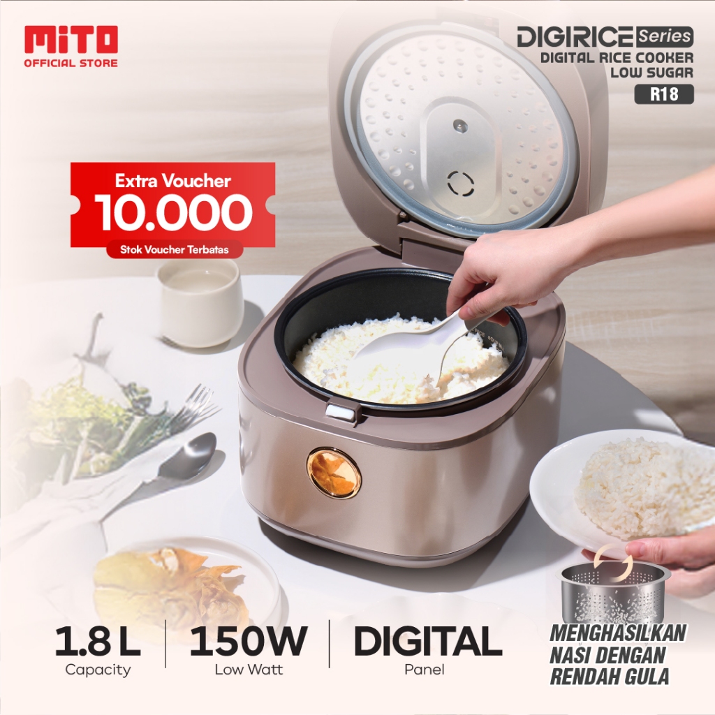 MITO Digital Rice Cooker 1.8 Liter R18 - Rice Cooker Low Sugar dengan 8 Menu Preset, Inner Pot Anti 