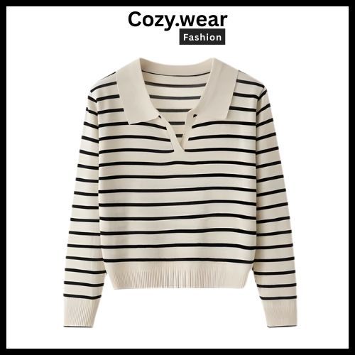 Cozy Wear Fashion Baju Knitwear Sweater Crop Rajut Sweater Garis Bahan Rajut CropTop Lengan Panjang 
