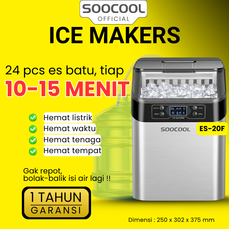 Mesin Pembuat Es Batu ESCOOL ES-20F Ice Maker Cube Stainless 220W Mesin Es Batu Portable 24Kg/Hari