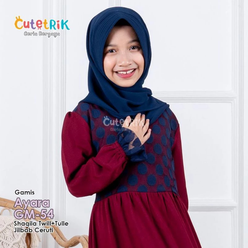 CUTETRIK GM 54 Gamis AYARA - Gamis pesta anak brukat mewah marun navy