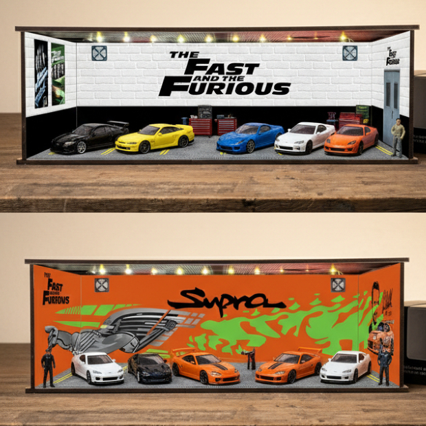 KARIMAKE GARAGE DIORAMA Fast and Furious 1:64 / Nissan Skyline R34 Dodge Charger Supra  WITH LED