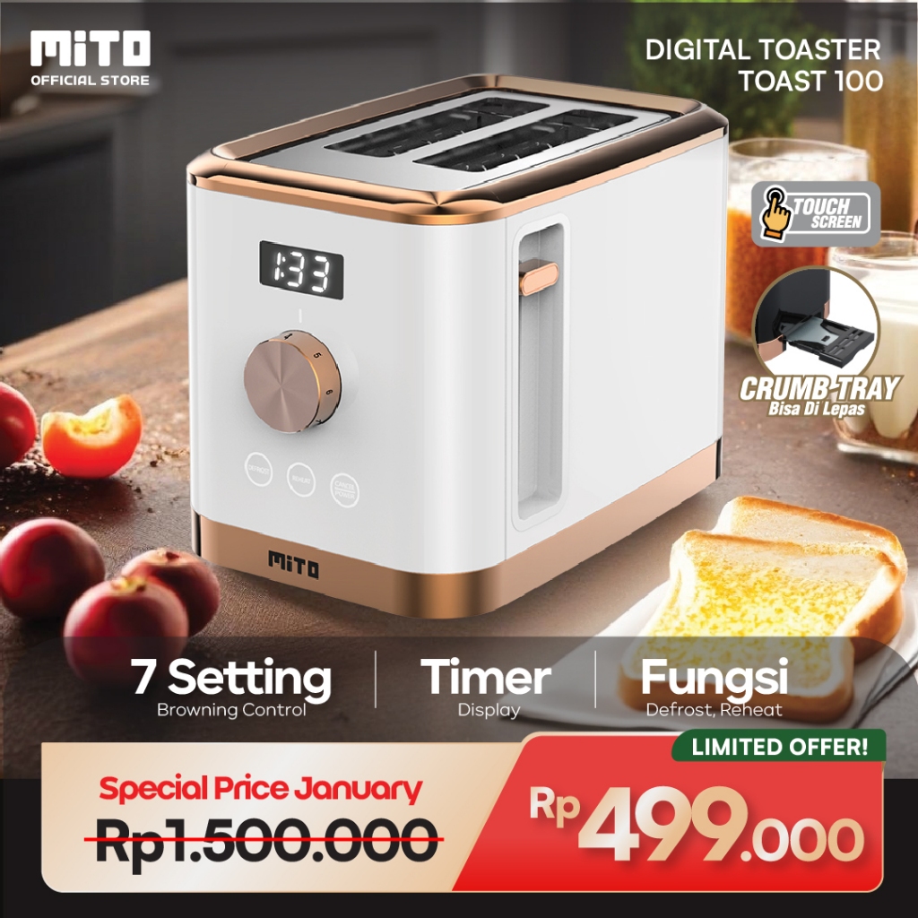 MITO Toast100 - Digital Toaster (DIGITOAST)-Touchscreen-Timer Display-7 Setting Browning Control-Reh