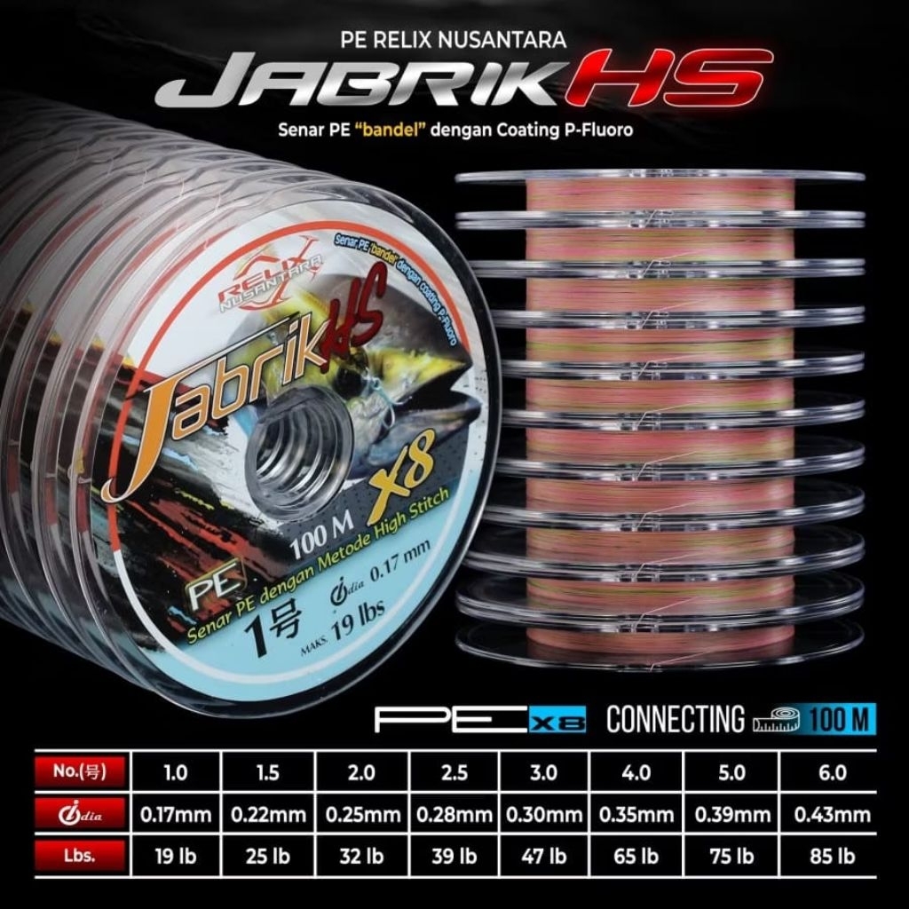 SENAR PE RELIX JABRIX X8 100m connecting multi colour ukuran PE 1.1,5 2.3.3,5.4.5.6