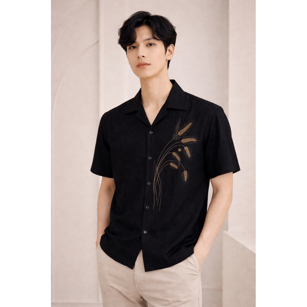 Black leaves men shirt kemeja casual hitam pria motif daun