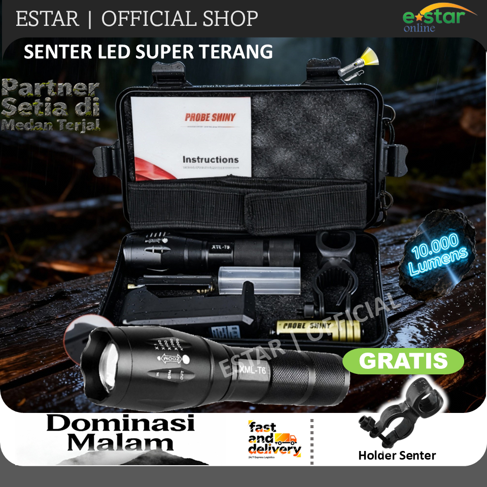 Senter Led Super Terang Jarak Jauh 10000 Lumens Swat Police Original Import XM L2 Fulllset + Baterai