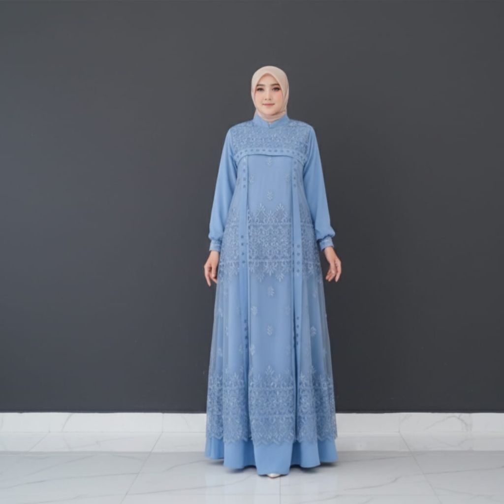 Dress Gamis Kondangan Simple Mewah Elegan Terbaru 2026 Lebaran Wanita Gamis Brokat Mix Crinkle