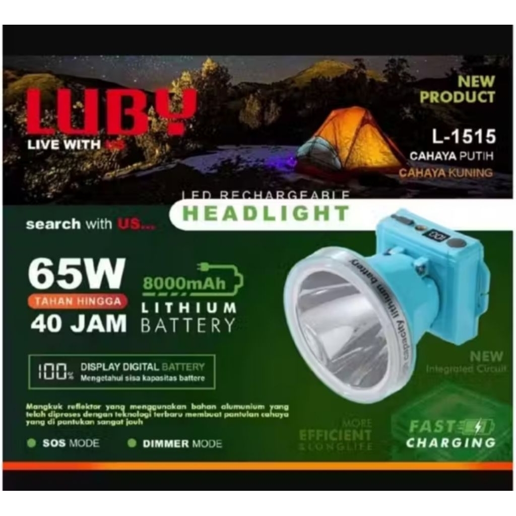 SENTER KEPALA LUBY 65 WATT L-1515 INDIKATOR DIGITAL BATERAI 8000 mAh