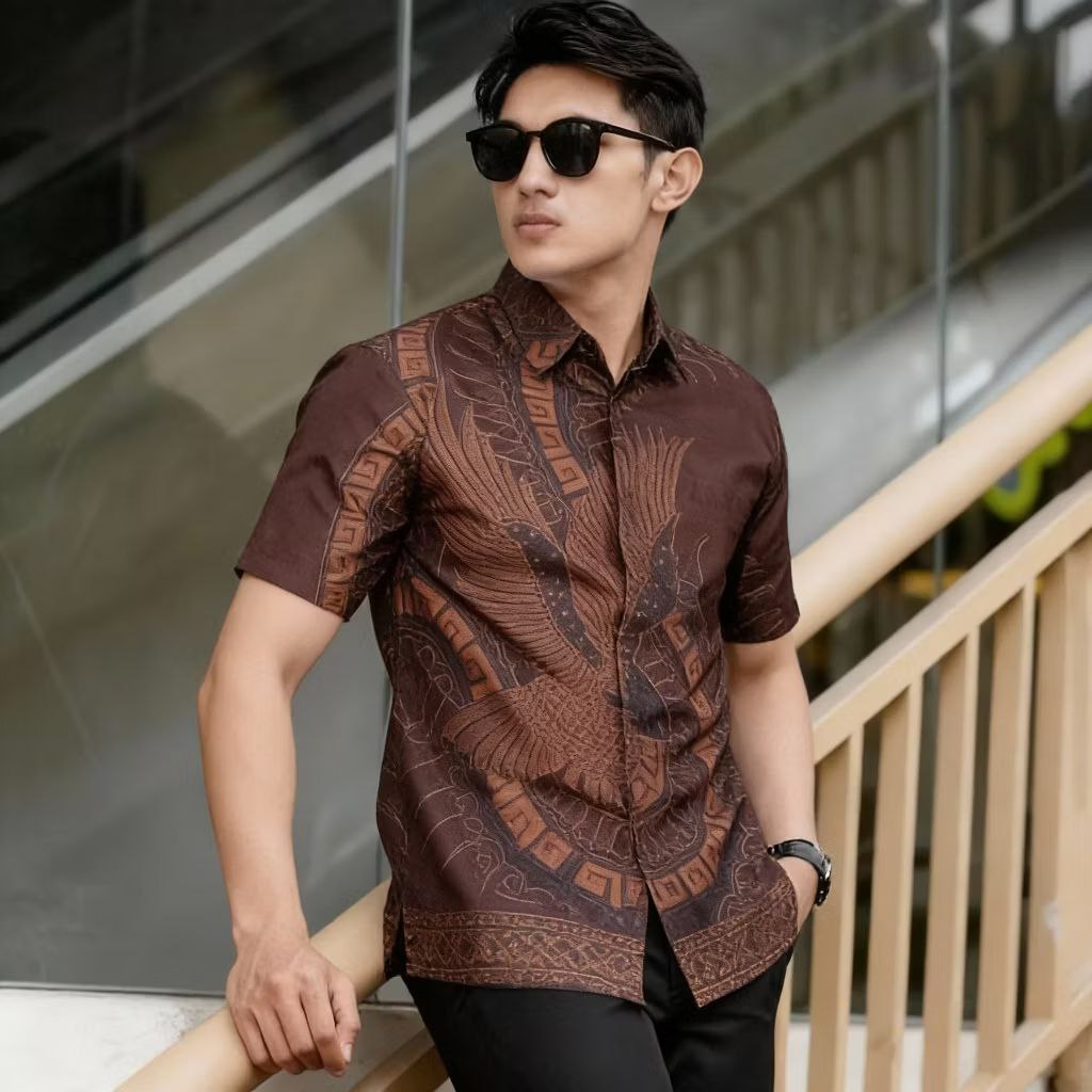 Batik Pria - Kemeja Batik Lengan Pendek Mewah Coklat Mahogany