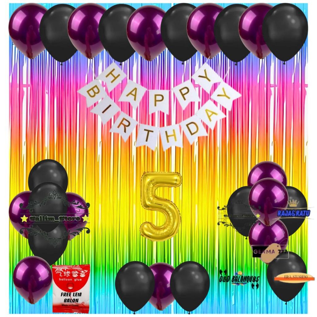 Paket Dekorasi Ulang Tahun Anak Dewasa Balon Ungu Mix Hitam Tirai Ukuran 2x1M Party Ultah Simple