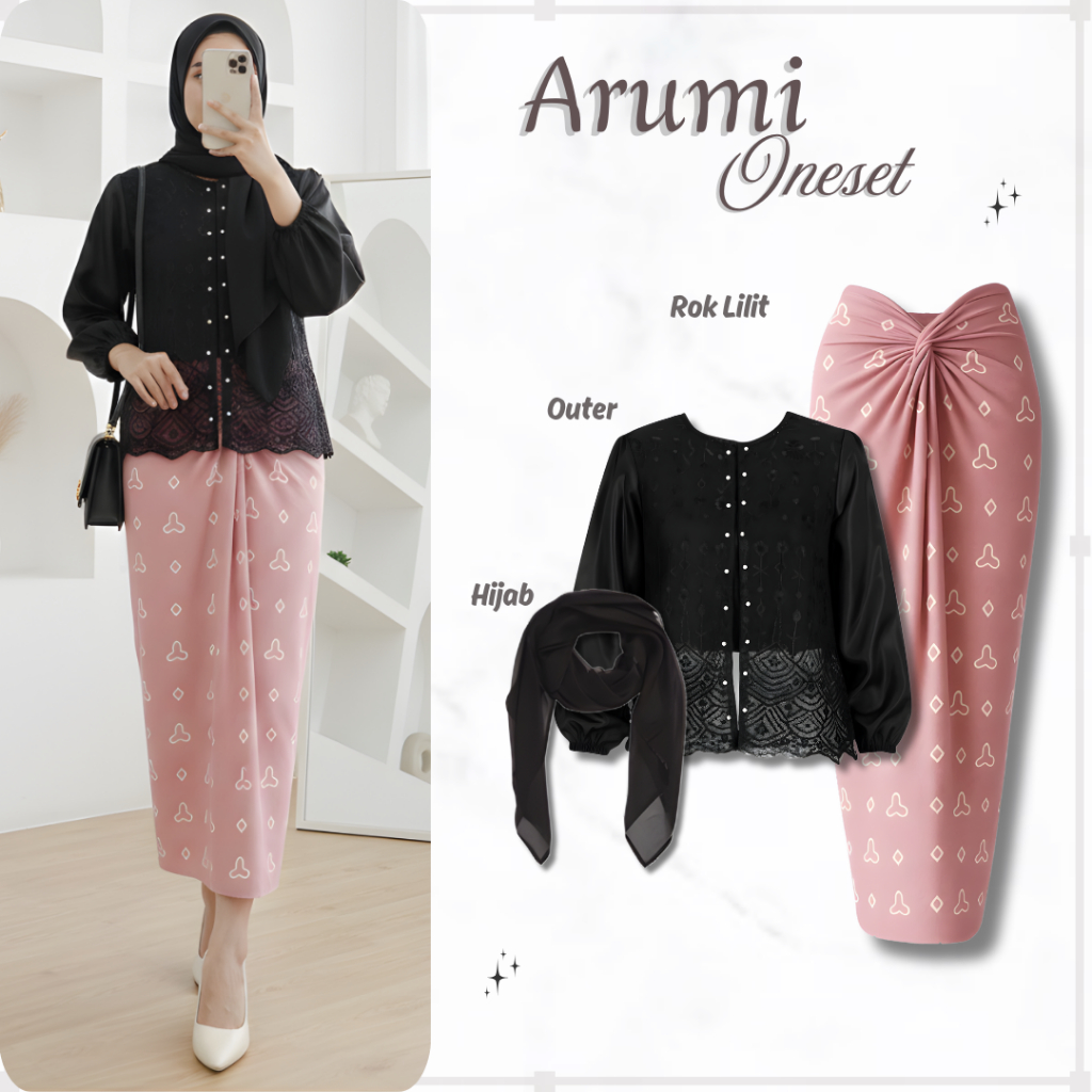 Arumi One Set Kebaya Modern 3in1 ( Outer Brukat + Rok Lilit + Hijab) | Baju Kondangan Kekinian Atasa
