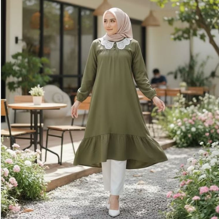 Naykamila Tunik Shakila untuk Kondangan Model A Line Wudhu Friendly Nyaman Adem dengan Kombinasi Ren