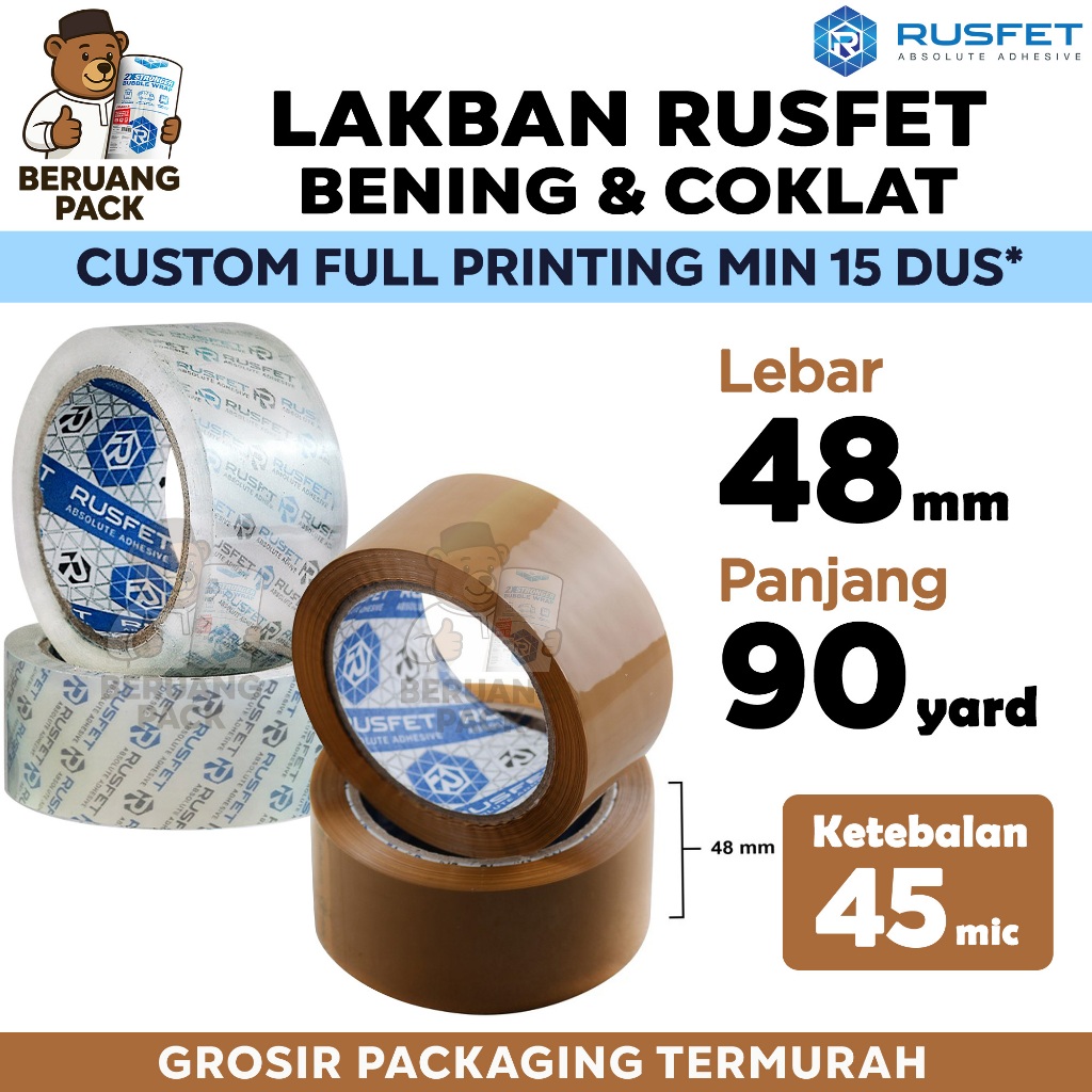 Lakban 48mm x 90yard RUSFET Bening Cokelat Isolasi OPP Tape PREMIUM TERMURAH / SATUAN