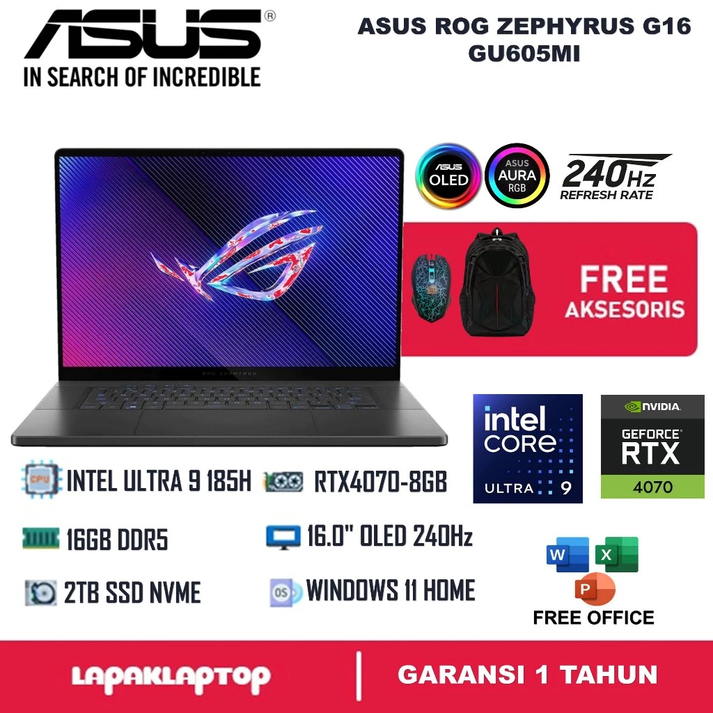 Laptop ASUS ROG ZEPHYRUS G16 GU605MI OLED ULTRA 9 185H RTX4070 16GB 2TB 16" WQXGA Nebula 240Hz W11