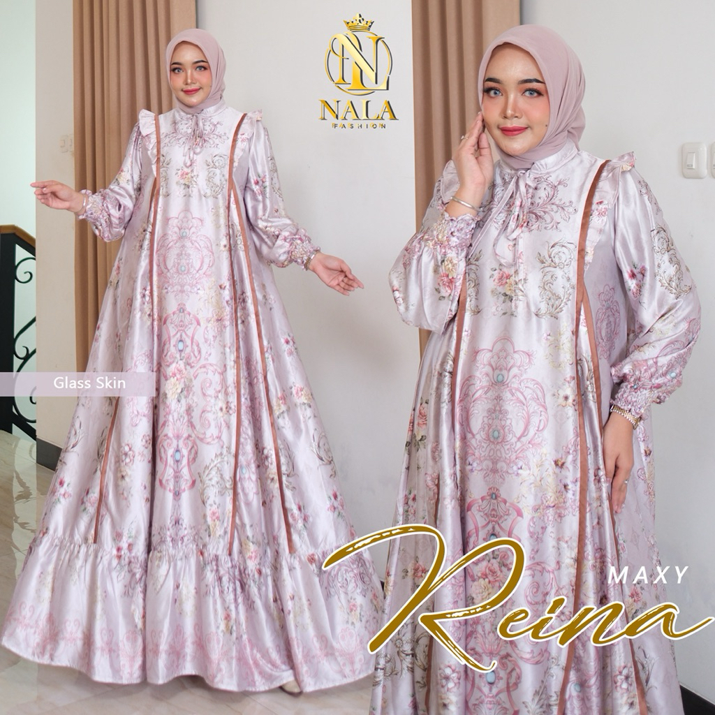 Reina Luxury Dres Silk Premium Import Ziper Depan Aksen Rempel Pundak Tali leher pergelangan tangan 