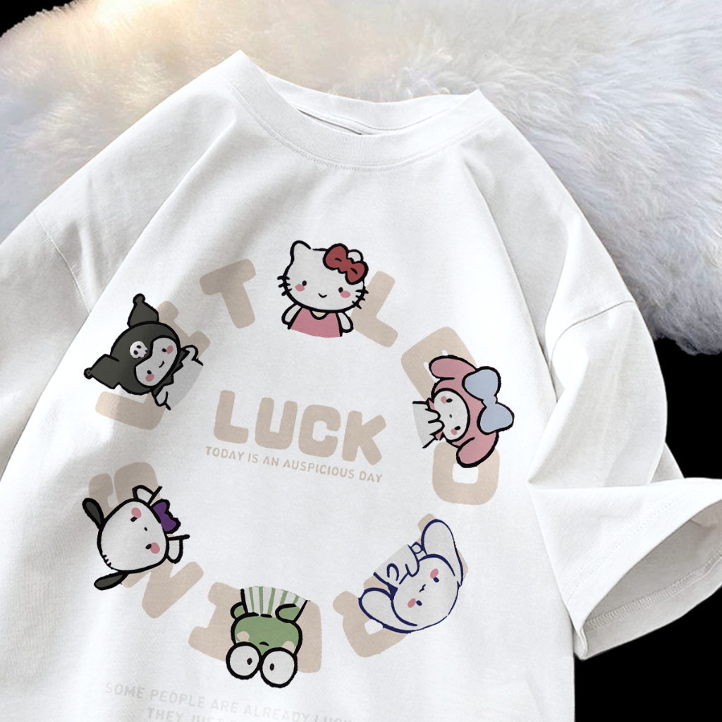 Fashion Kaos Oversize Wanita | Cute Cartoon HelloKitty Pattern Print | Unisex Tee Putih | Baju Model