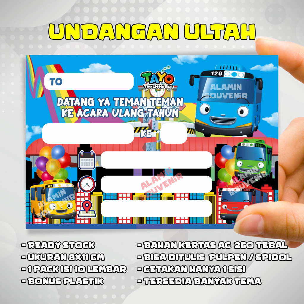 Undangan Ulang Tahun Anak  Laki Laki Kartu Undangan Pesta Ultah Tema Tayo Bus Kecil Isi 10pcs