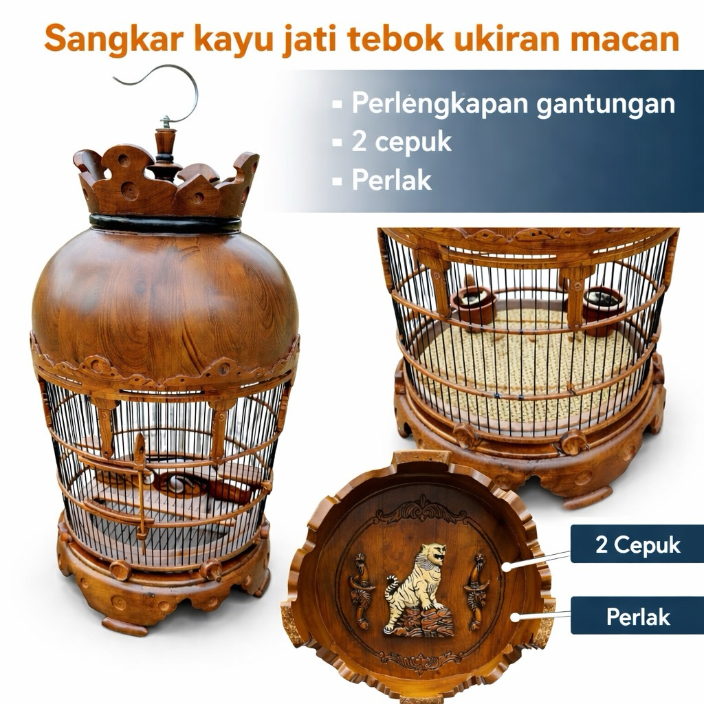 Sangkar Perkutut Kayu Jati Tebok Ukir Macan & Dua Keris | Jeruji Fiber