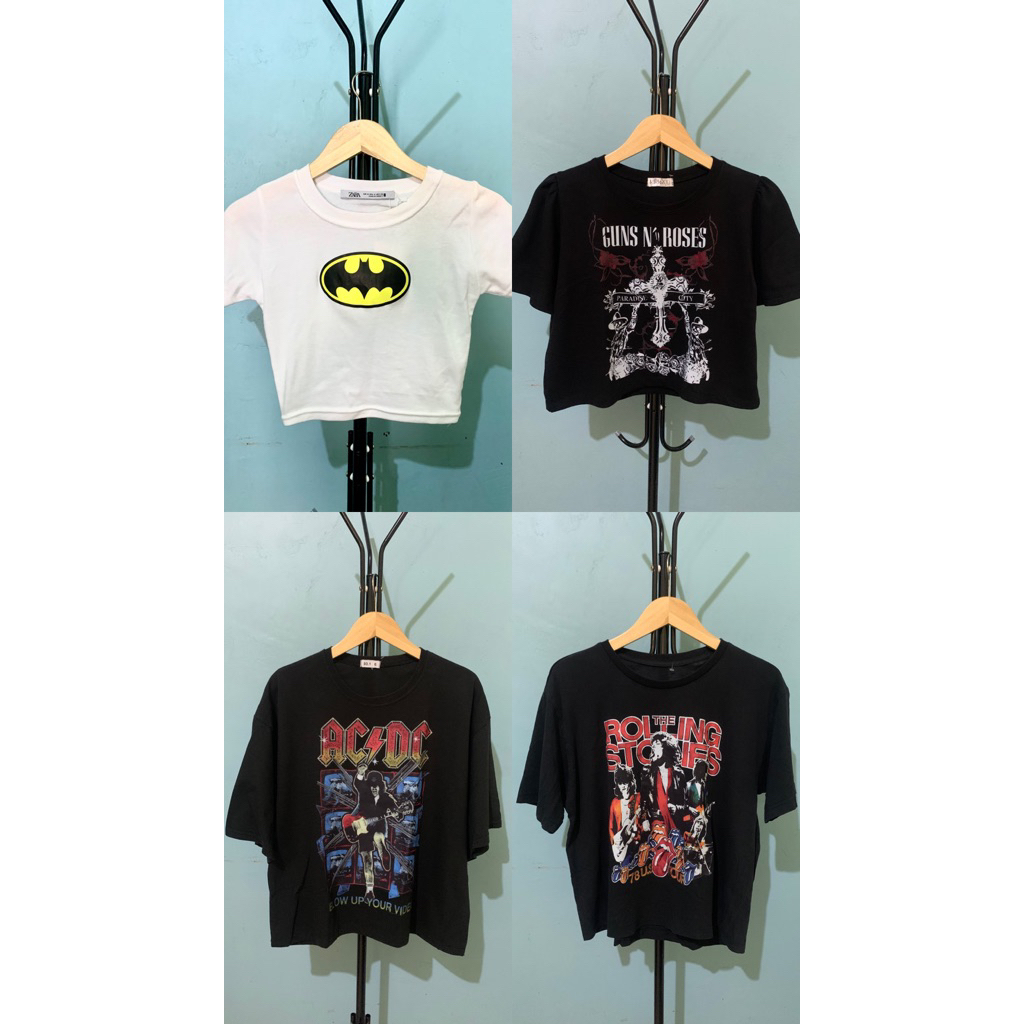 Crop Top Wanita Tag ZARA Premium & KAOS BAND ACDC/ROLLING STONES/GNR - Nyaman Dipakai Sehari-hari