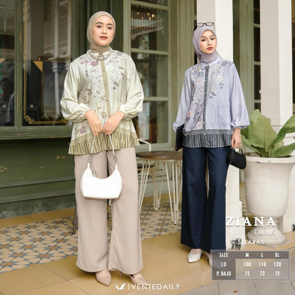Tunik Ziana Selaras Original VENTEDAILY Tunik Muslimah Lengan Balon Motif Bunga Floral Premium Tunik