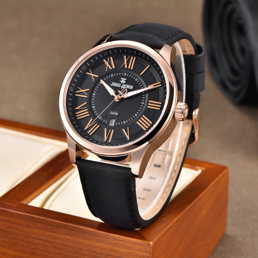 Jam Tangan Kulit Pria Jonas Jasmin Angka Romawi Tangal Aktif