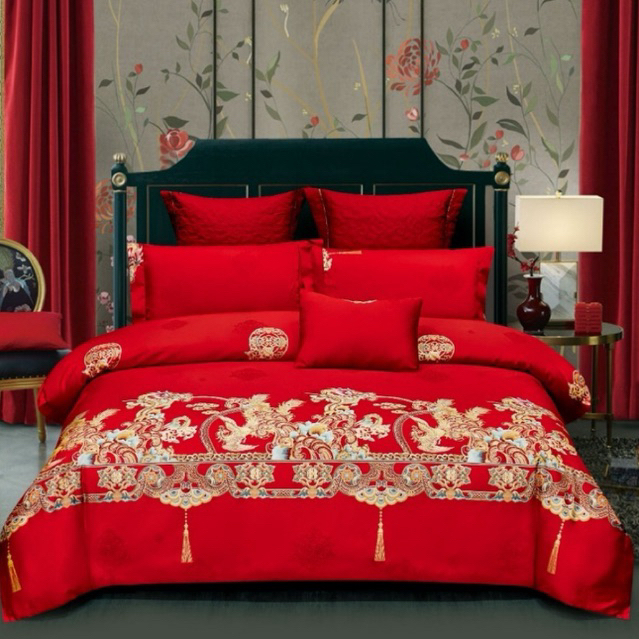 BIOSIBEDDING Sprei Katun Jepang Motif Xuangsi Imlek Chinese Wedding Naga Merah Custom Size Murah