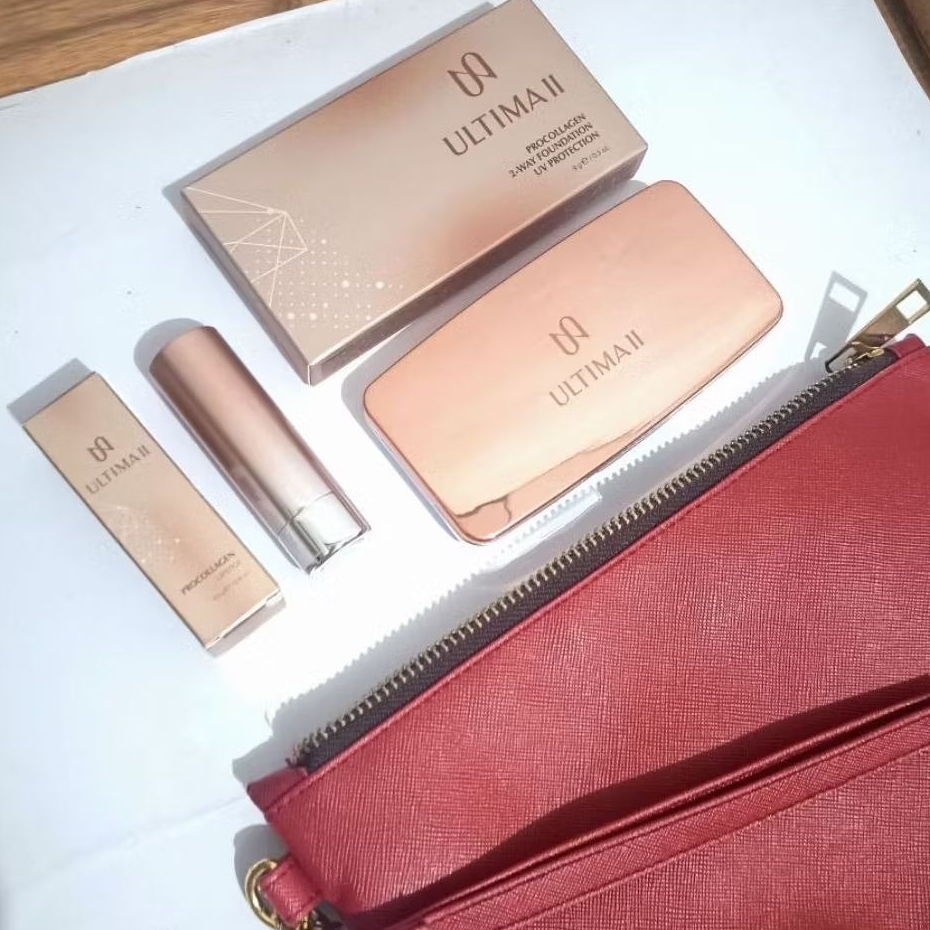 (BUNDLE POUCH ULTIMA FREE PRO COLLAGEN LIPSTICK) Ultima II 2 Way Pro Collagen Two Way Cake Foundatio