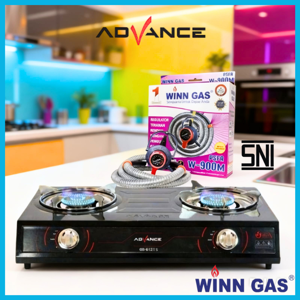 Advance Kompor Gas 2 Tungku GB-6702s Body Coating Dan Api Blue + Winn Gas Regulator Selang 1.8m