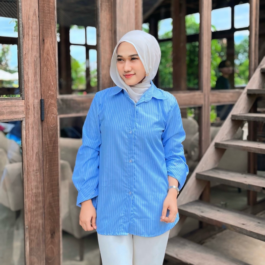 Kemeja Wanita Salur Atasan Kemeja Korean style Garis-Garis wanita Warna Biru Muda