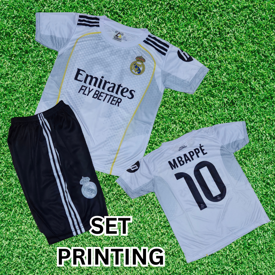 SETELAN BAJU BOLA ANAK REAL MADRID HOME AWAY/JERSEY BAJU BOLA ANAK REAL MADRID HITAM PRINTING