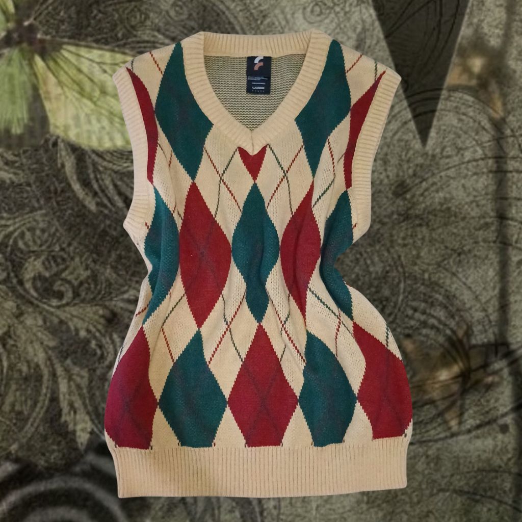 downtown y2k vintage oldmoney classic style brown vest motif argyle maroon green korean style (prelo