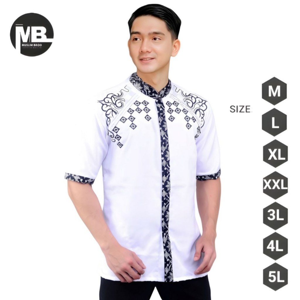 Baju Koko Muslim Jumbo Big Size M-5XL Katun Lengan Pendek Mandarin Kombinasi Batik Bordir Mewah
