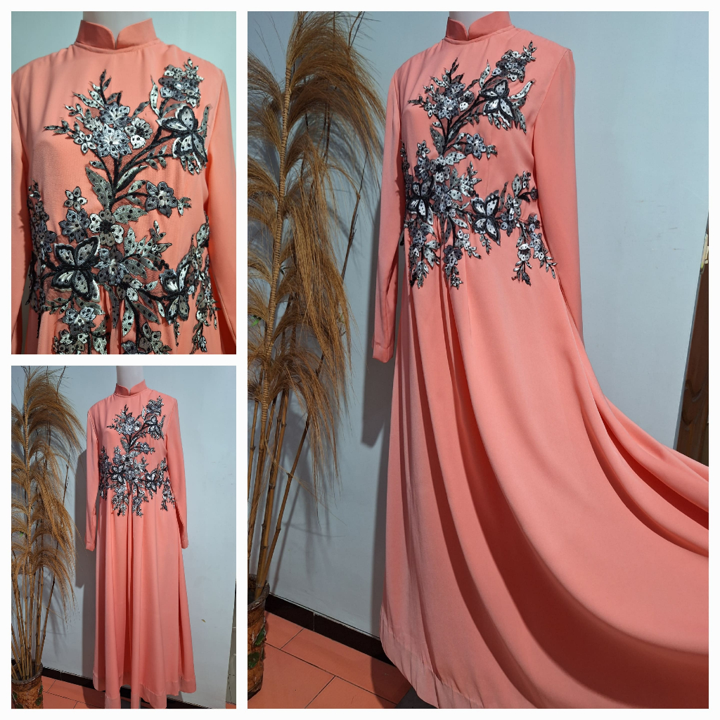 Baju Gamis Premium, Warna Peach Bordir Payet Hitam, Rok Lebar by AnikHS Salon