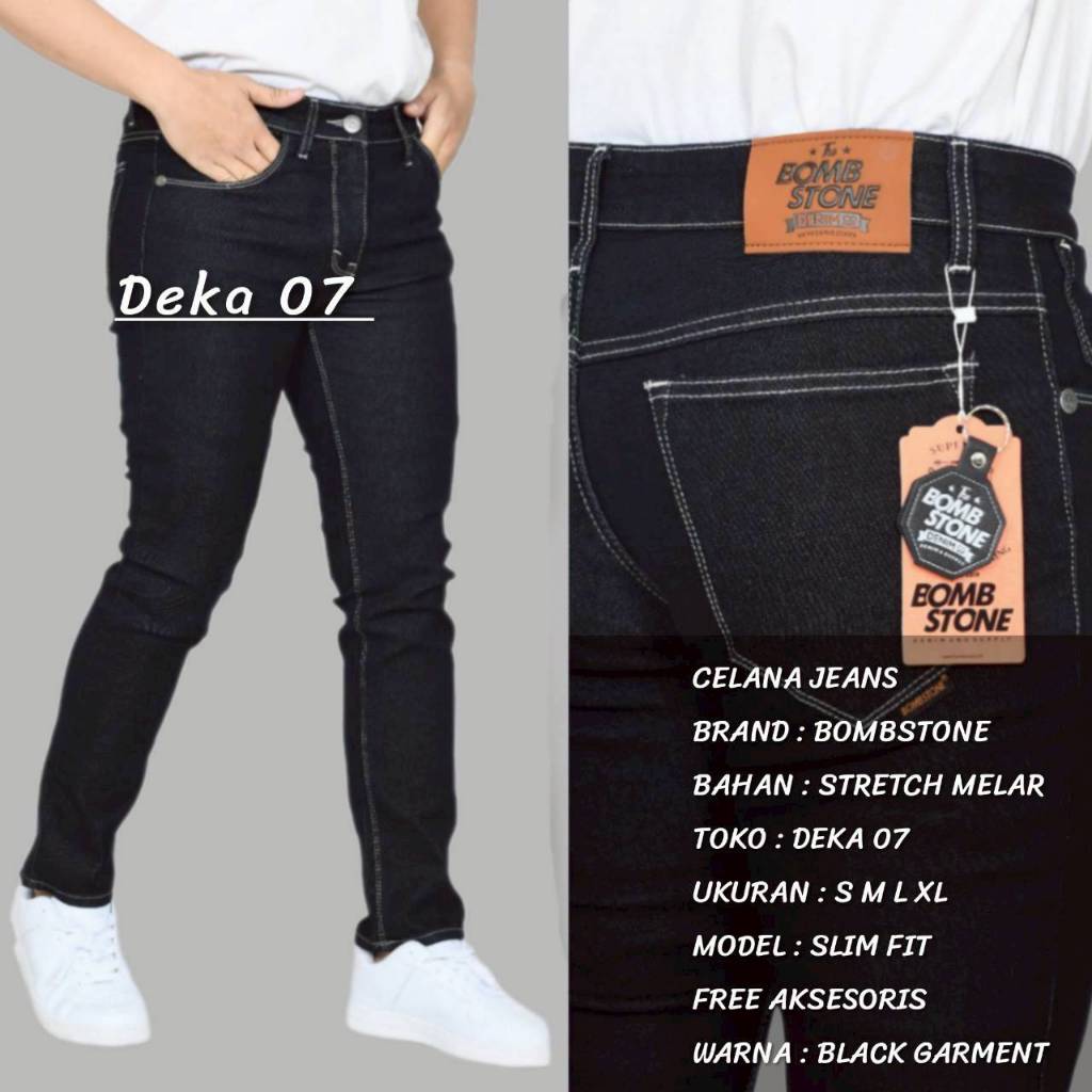 BOMBSTONE DENIM - Celana Jeans Panjang Pria Slim Fit Stretch Melar Ori Cowok Slimfit Black Garment