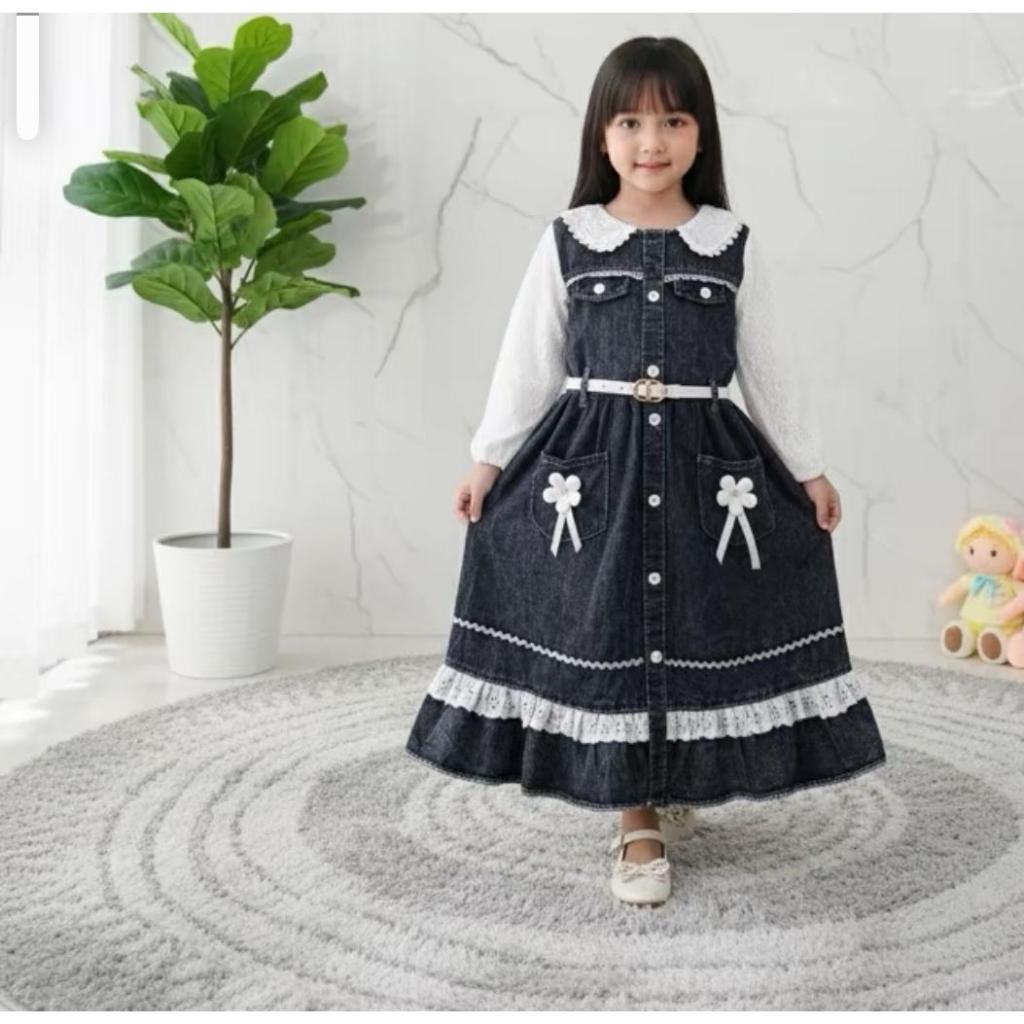 Gamis Jeans  Queen Anak Perempuan Usia 3-10 Tahun - Bahan Jeans Bordir Mix Salur - Gamis Jeans Free 