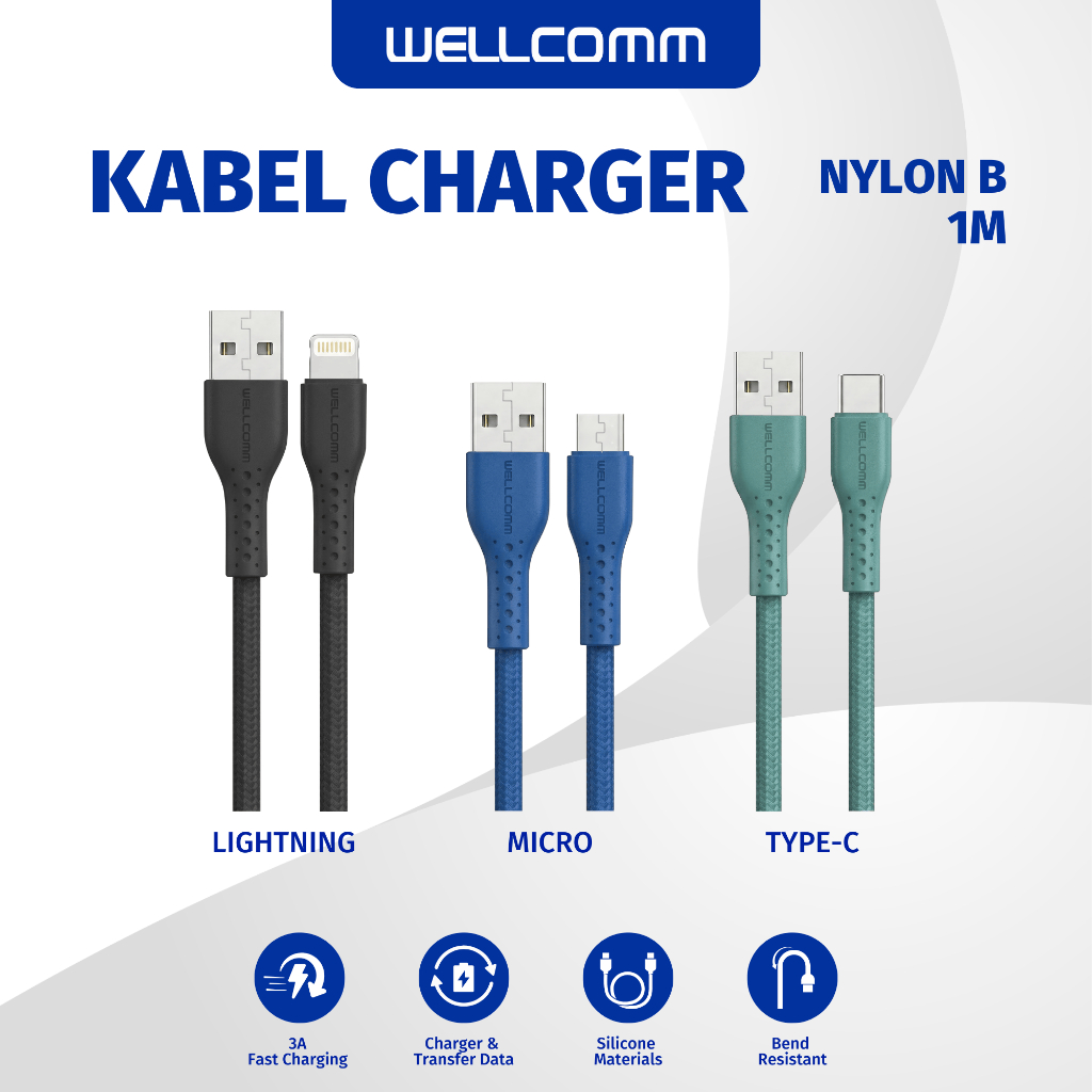 Wellcomm Kabel Data Fast Charge 3A USB Type C / Micro / iPhone Nylon B Series 1M