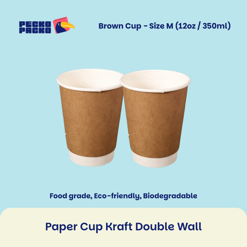 Gelas Kopi Cup Cokelat Putih 12 oz Double Wall Bahan Bagasse Kraft Tebal Polos - Paper Cup Minuman P