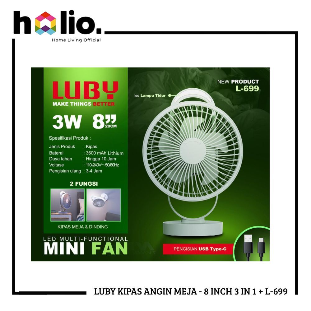Holio LUBY Kipas Angin Meja - Mini Desk Fan 8 Inch 3 IN 1 + Lampu 3W L-699