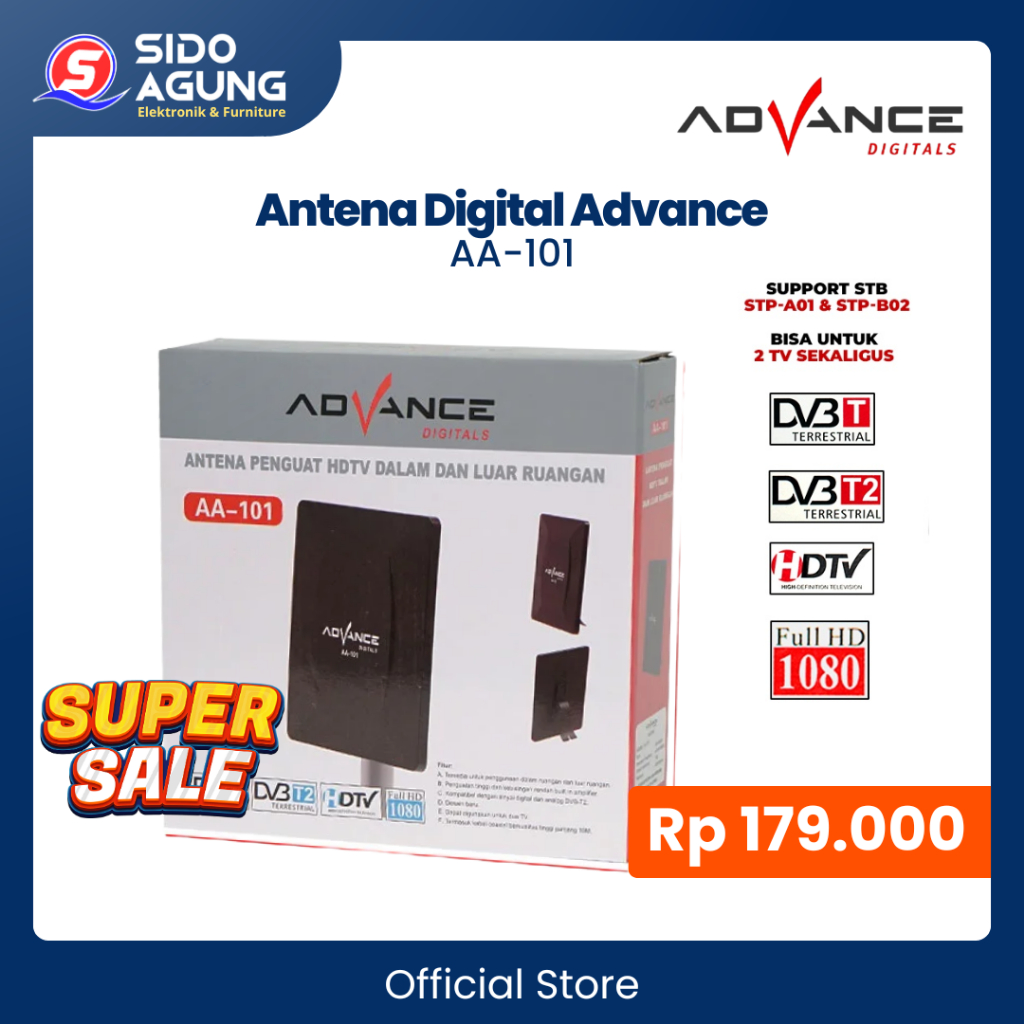 Advance Antena Digital AA-101 DVB-T2 HDTV 1080P Support STB STP-A01 & STP-B02 untuk 2 TV Sekaligus I