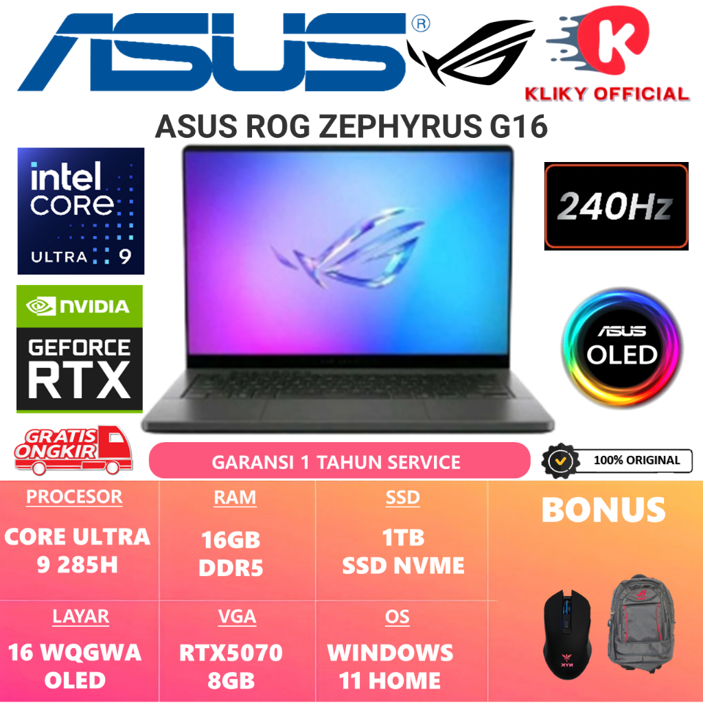 Laptop Game ASUS ROG ZEPHYRUS G16 GU605CP INTEL CORE ULTRA 9 285H RAM 16GB 1TB RTX5070-8GB 16.0 OLED