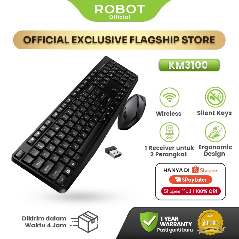 ROBOT Portable Wireless Set Combo Keyboard and Mouse KM3100 Original Garansi 1 Tahun