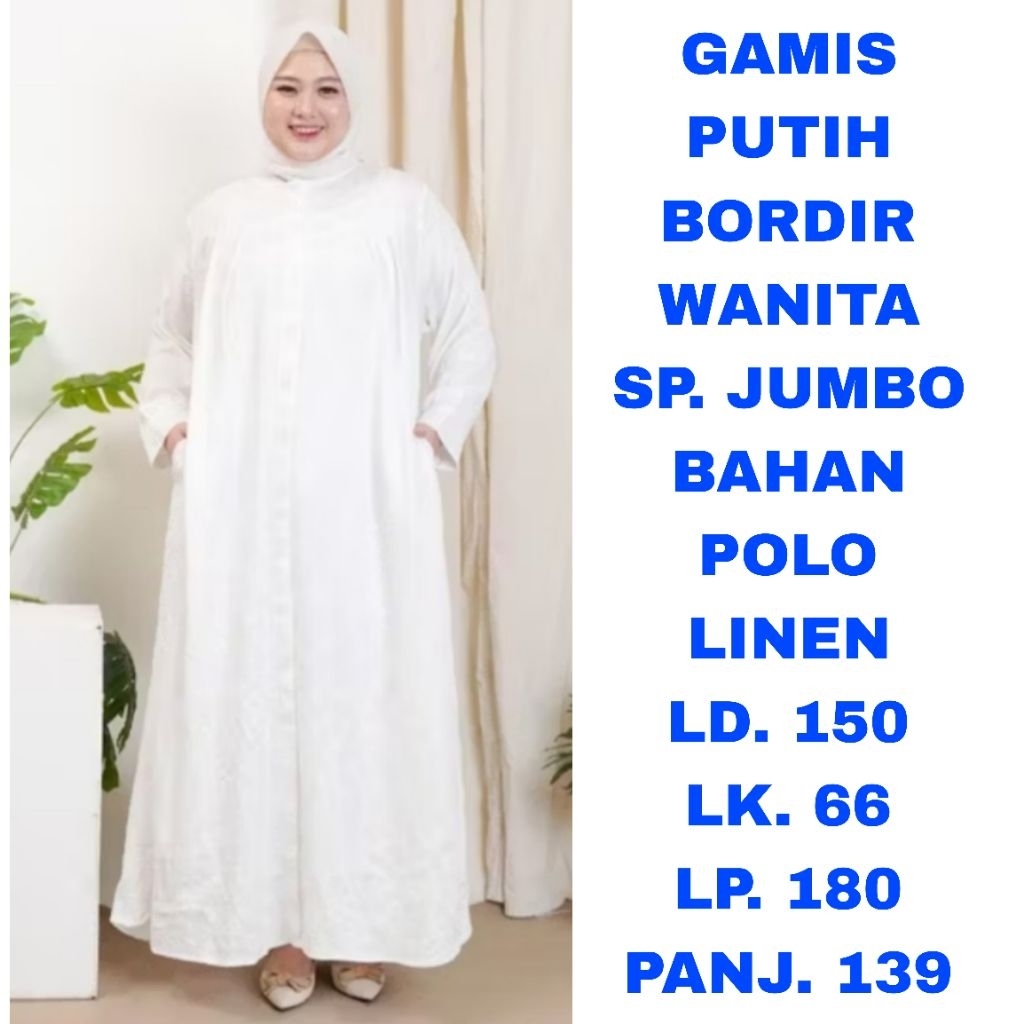 WK GAMIS PUTIH BORDIR WANITA SUPER JUMBO LD. 150 BAJU MUSLIM UMROH LEBARAN IDUL FITRI IDUL ADHA PENG