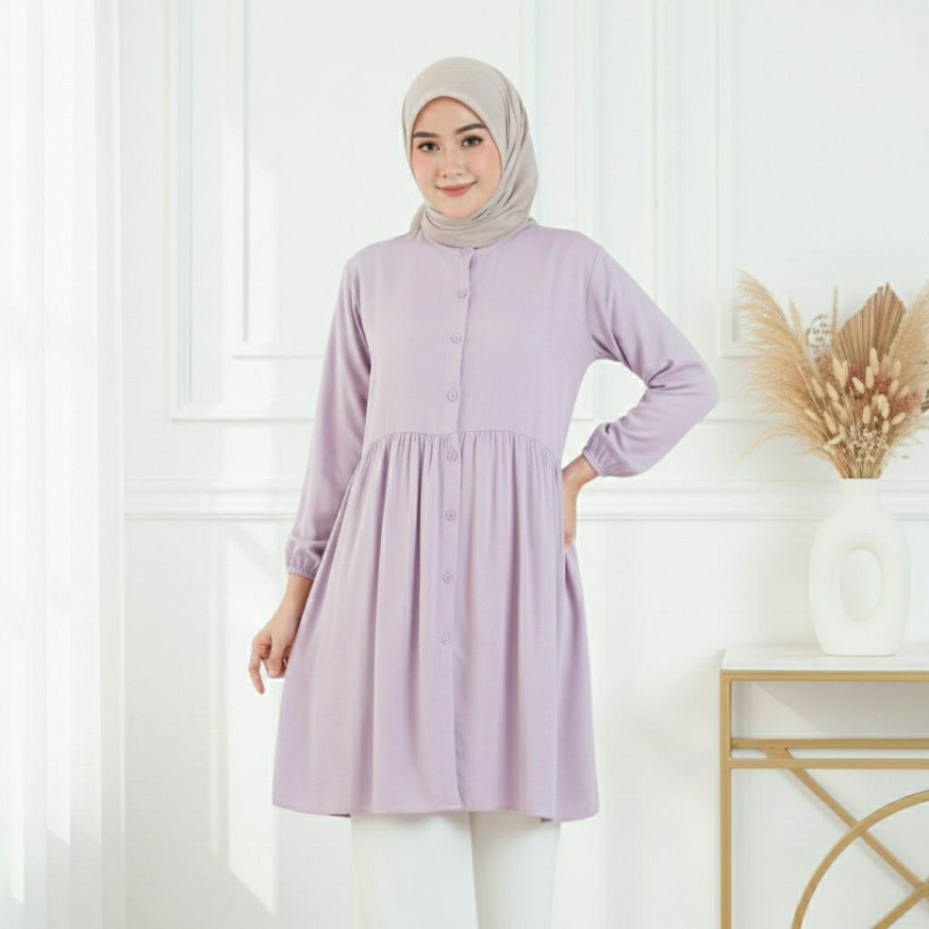 Tunik Rempel Bawah long kancing lepas, Baju wanita tunik rempel terbaru, Tunik model korean style