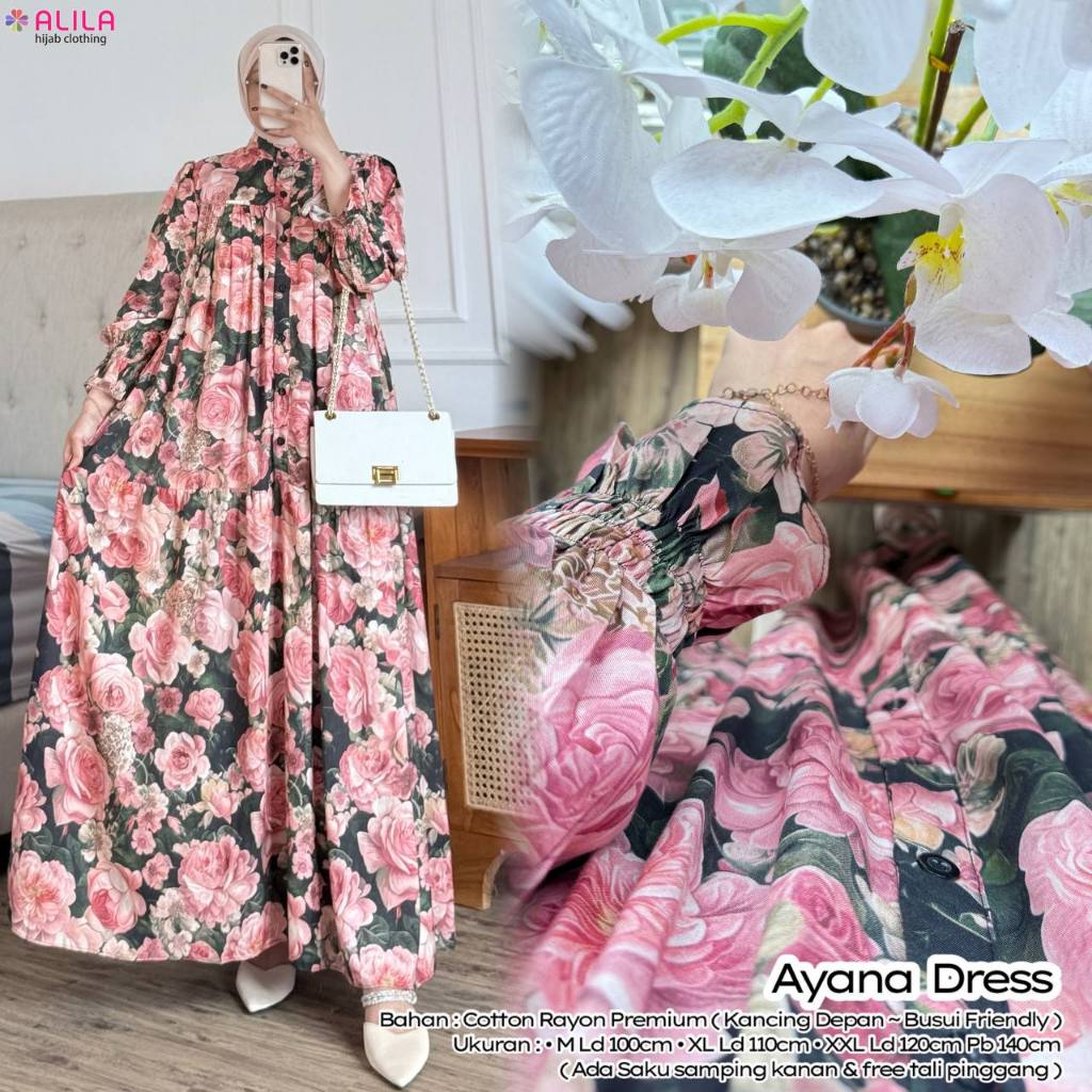 Gamis Ayana Dress Wanita Panjang Original ALILA Hijab Clothing Bahan Cotton Rayon Premium Motif Bung