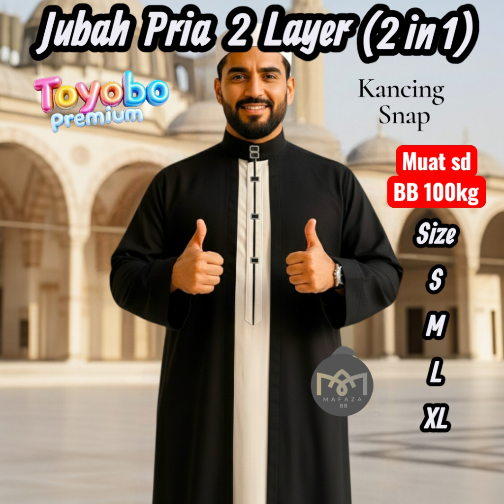 Jubah Gamis Pria Dewasa 2 Layer 2 in 1 TOYOBO PREMIUM ADEM Kancing Snap Impot Model Motif Haromain L