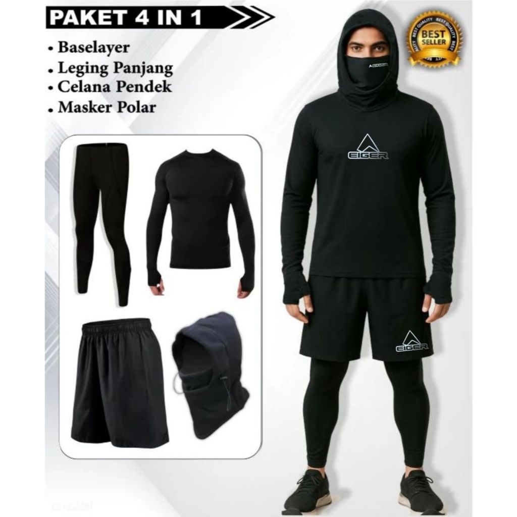 Paket 4 in 1 Pakaian Gunung Topi Polar Celana Pendek Leging Panjang Pria Dewasa Pelindung Mendaki