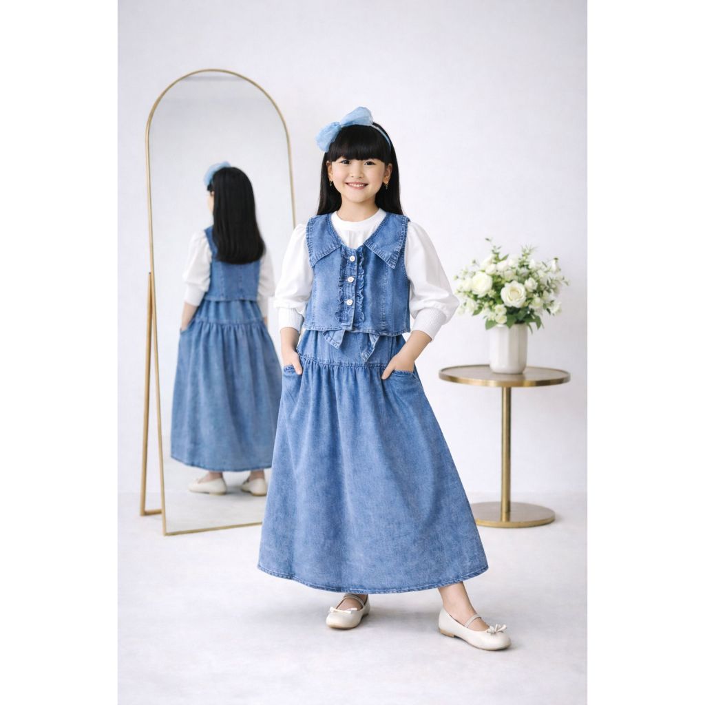 3-12tahun Set Rok Anak 3in1 Denim Korea Vest Denim Inner Putih setelan anak Perempuan rompi inner ro